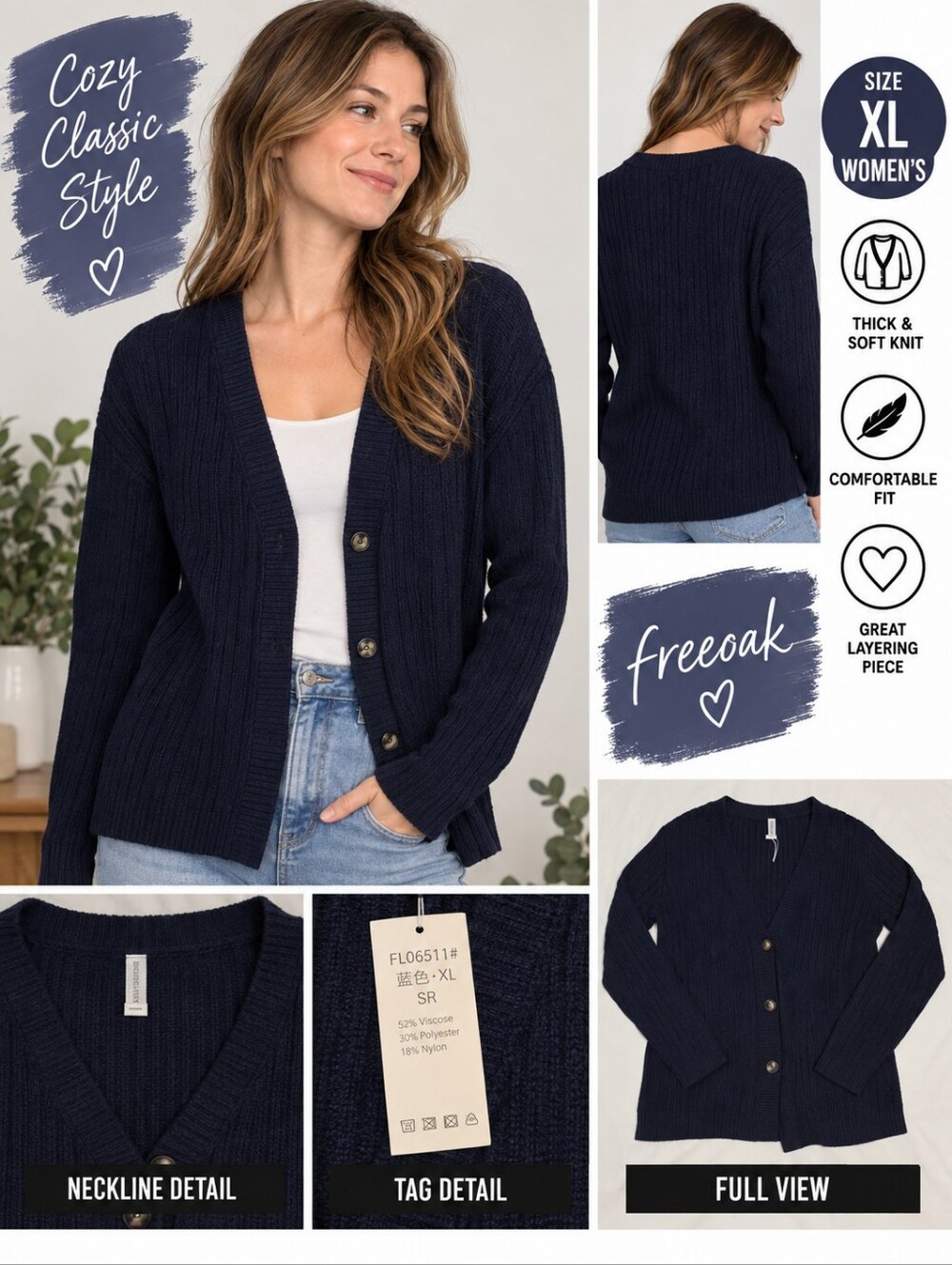 New freeoak women's XL thick soft blue cardigan sweater #18